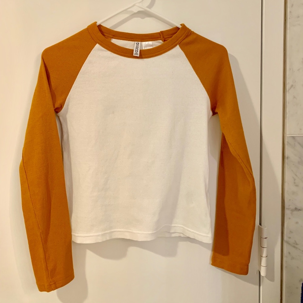 H&M dark mustard + white baseball long sleeve tee